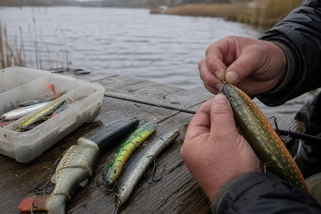 Väderbitna händer knyter fast ett stort gäddbete bland fiskeredskap, inspiration till fiske efter höstgädda och tekniker f...