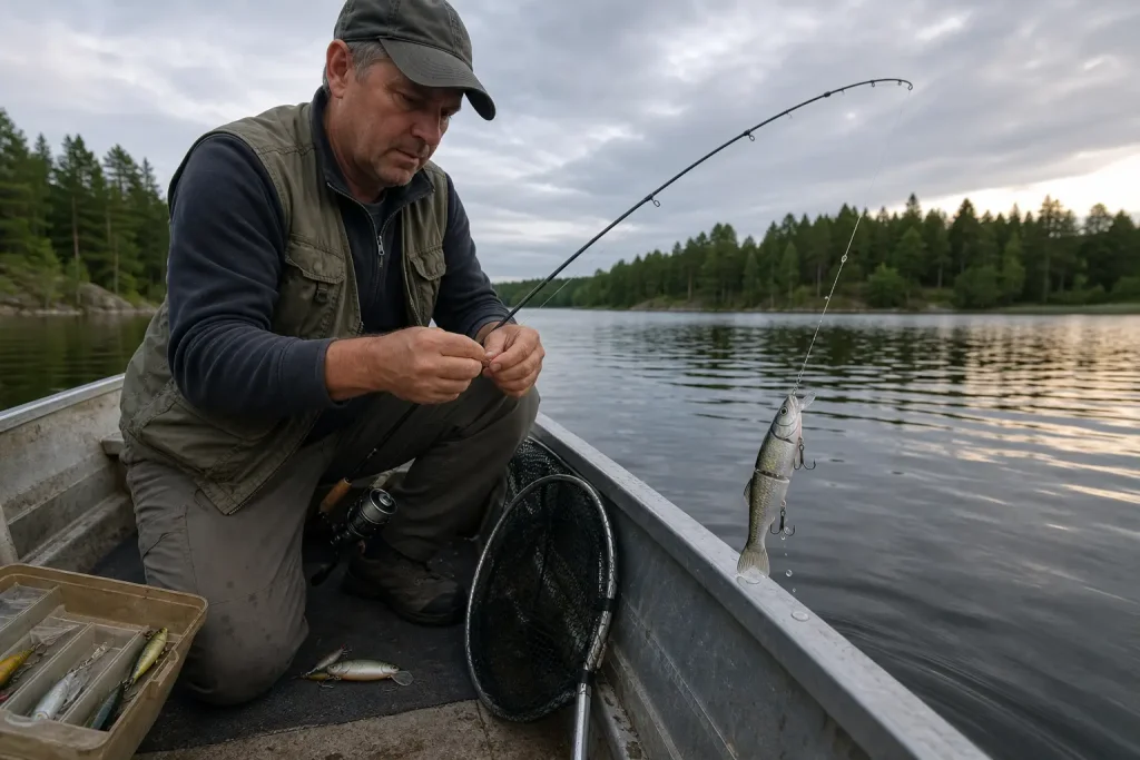 Fiskare i eka justerar linan med ett jointat wobblerbete, en av testvinnarna i De bästa abborre-betet 2026 experttestade.
