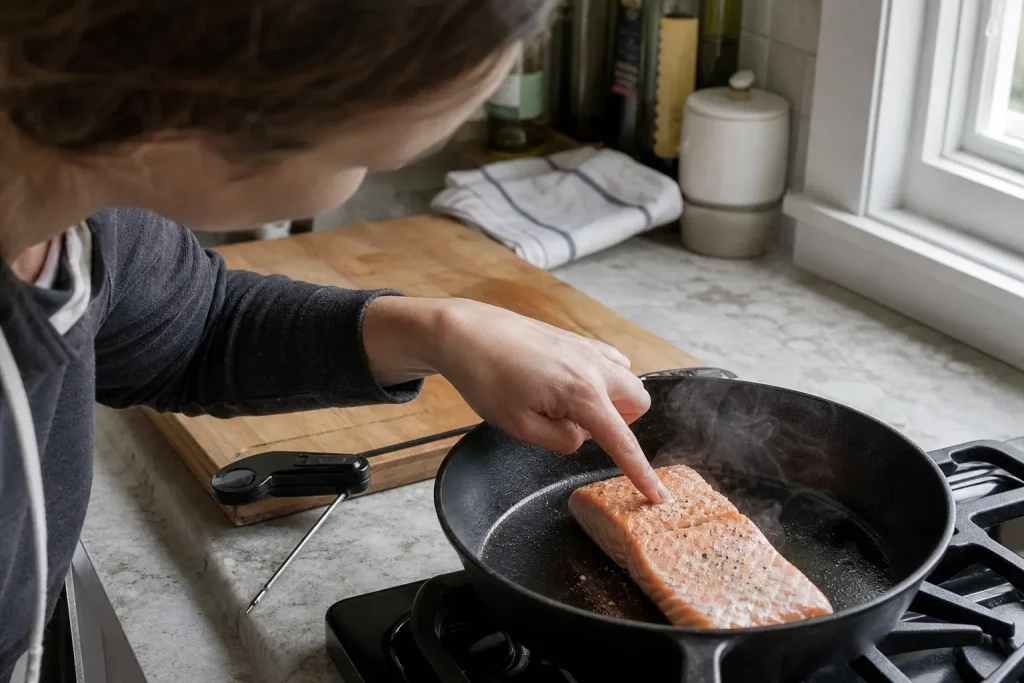 En person känner med fingret på en varmrökt lax vid köksbänken för att kontrollera om den är klar.