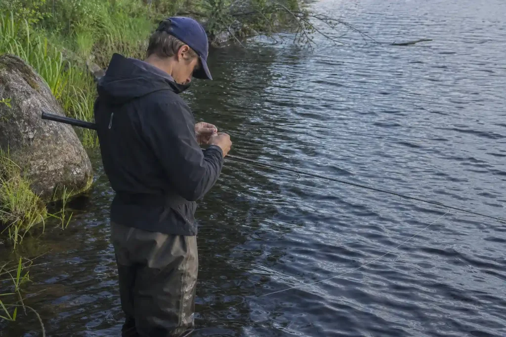Fiskare knyter tafs till krok i vattnet, del i guiden om Carolina Rig-fiske efter abborre för större fångster