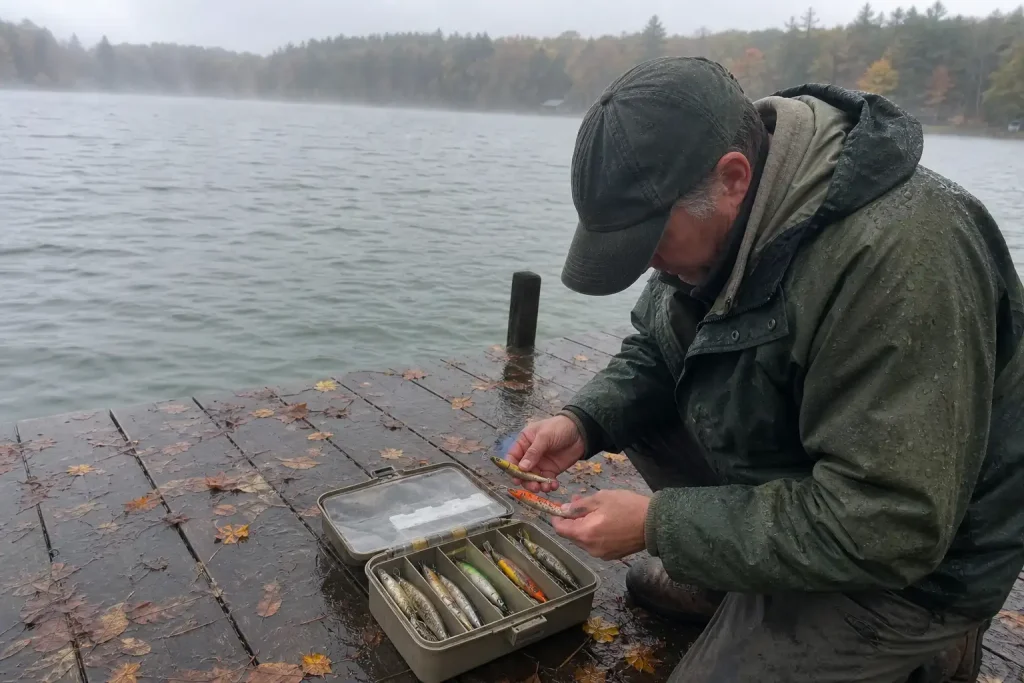 Man vid sjön väljer fiskedrag ur betesask på brygga, exempel på vilka köder vi använder i september 2026
