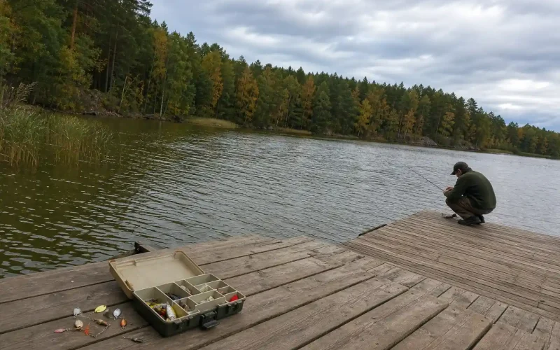 Öppen betesask med drag på bryggan vid sjön, en person fiskar i bakgrunden. Vilka köder vi använder i september 2026.