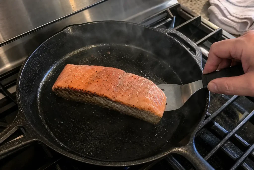 Laxfilé med krispig skinnsida steks i gjutjärnspanna, ett enkelt lax recept i vardagsköket.