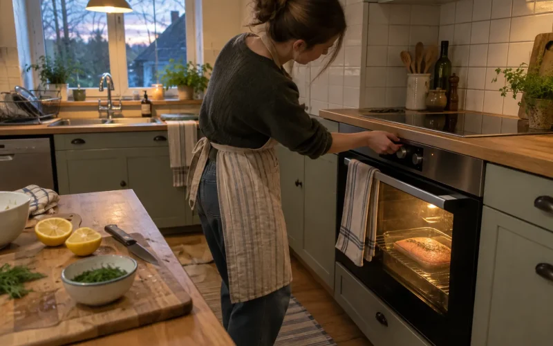 Rödingfilé i ugn syns genom luckan medan någon lagar middag i ett vanligt hemmakök.