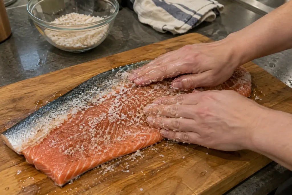 Händer gnider in salt och socker på en laxsida på skärbräda, till artikeln Torkad lax - hur gör ni?