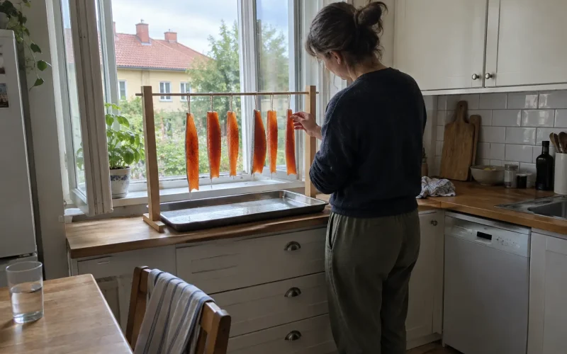 Laxremsor hänger på tork vid ett köksfönster medan en person justerar dem, ett vardagligt försök enligt Torkad lax hur gör...