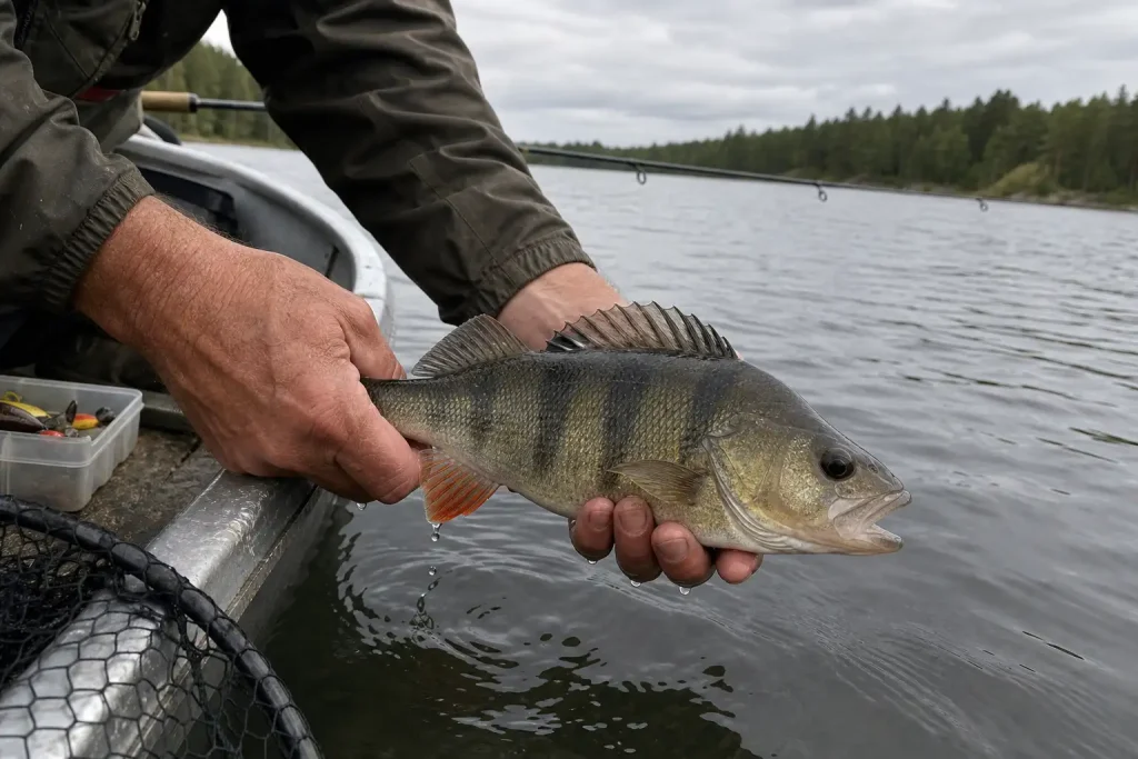 Väderbitna händer håller en stor abborre vid vattenytan, exempel på Carolina Rig-fiske efter abborre för större fångster.