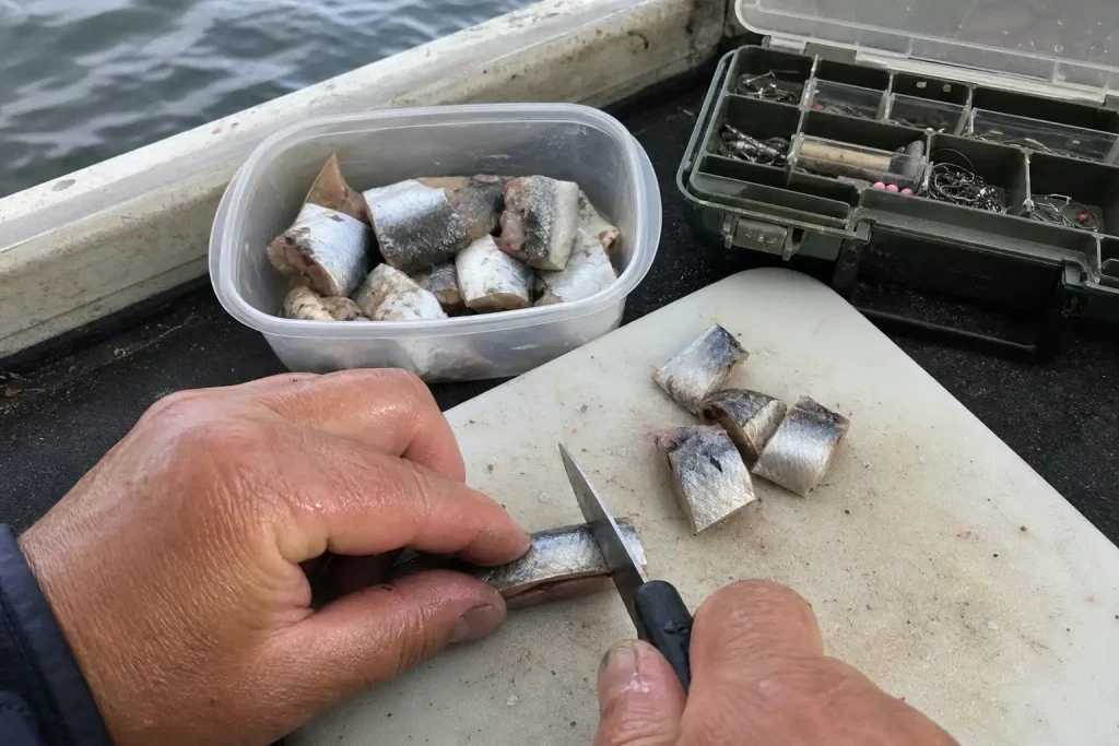 Nävar skär strömming i bitar på skärbräda inför test av bästa seestellbetet, testad och granskad