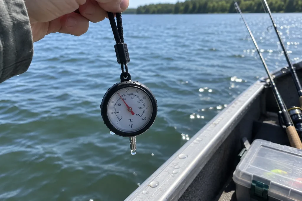 Handhållen fisketermometer sänks i sjövatten från båtkant, ett sätt att avläsa förhållanden för bästa tiderna att fånga ab...