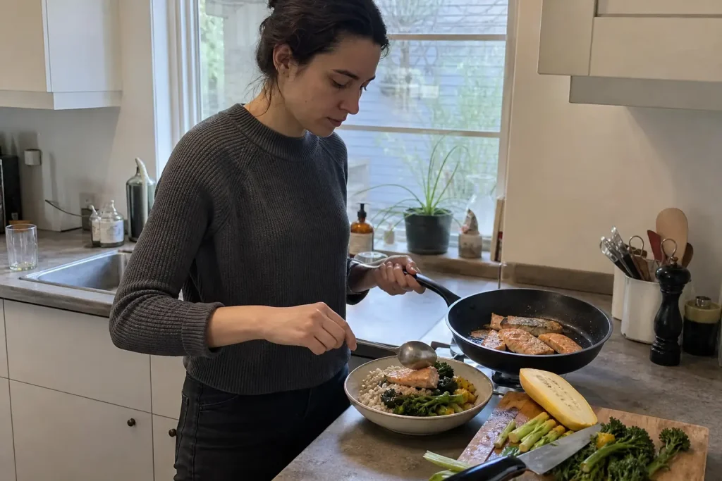 Person lägger upp torskrygg recept med grönsaker och gryn i en skål vid köksbänken