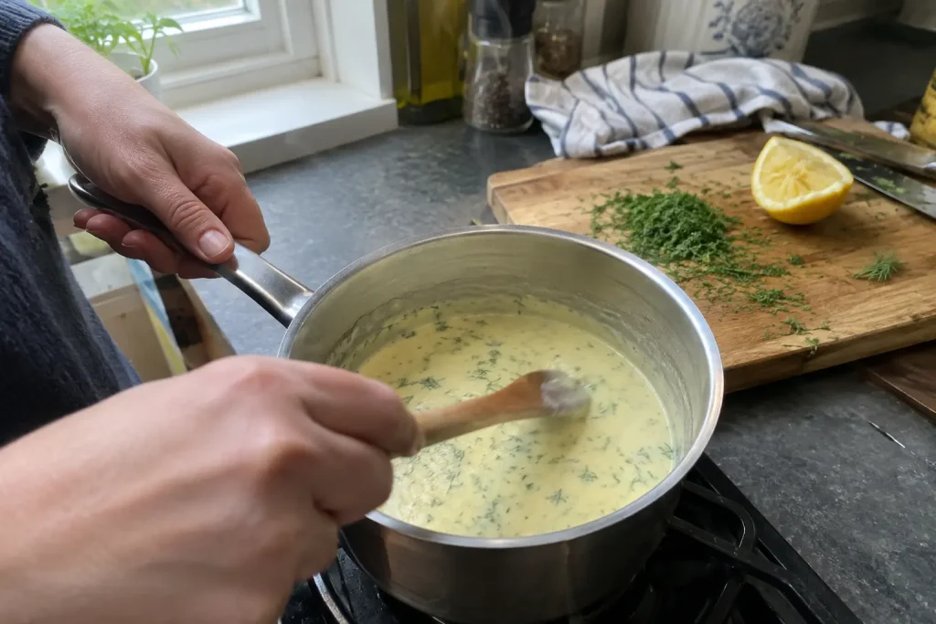 Händer rör om i krämig gul sås på spisen, ett steg i ett torsk recept med dill och citron i hemmakök.