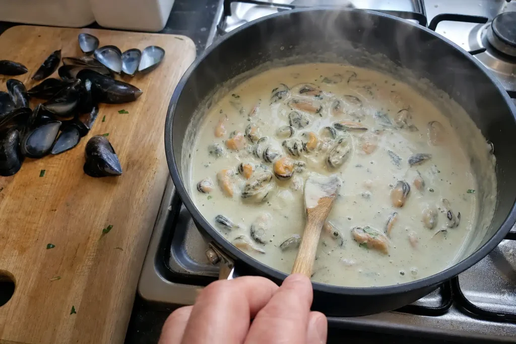 Kastrull med krämig blå musselsås puttrar på spisen medan en hand rör om med en träslev, inspiration till torskrygg recept.