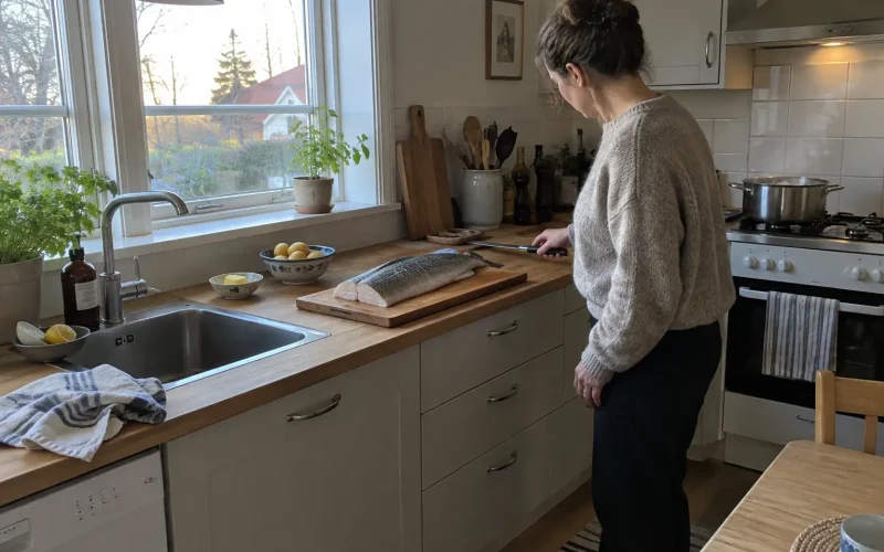 Skandinaviskt kök i eftermiddagsljus med en rå torskfilé på skärbrädan, redo för ett torsk recept.