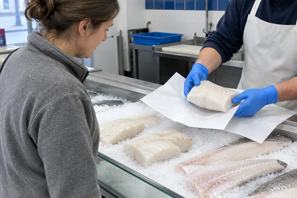 Kvinna väljer torskrygg i fiskdisken inför ett recept torskrygg