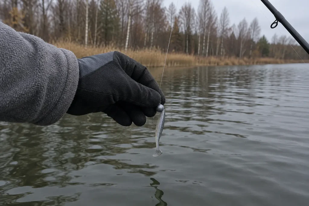 Höstfiske 101: Introduktion till höstfiske, en hand sänker en jigg mot sjön i skymningen