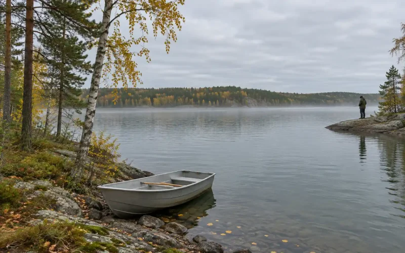 Höstfiske 101: Introduktion till höstfiske, en ensam fiskare vid en lugn svensk sjö en oktobermorgon