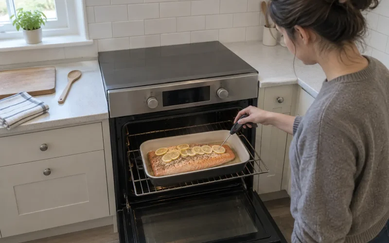 Person mäter temperaturen på en hel laxsida i ugn med digital stektermometer