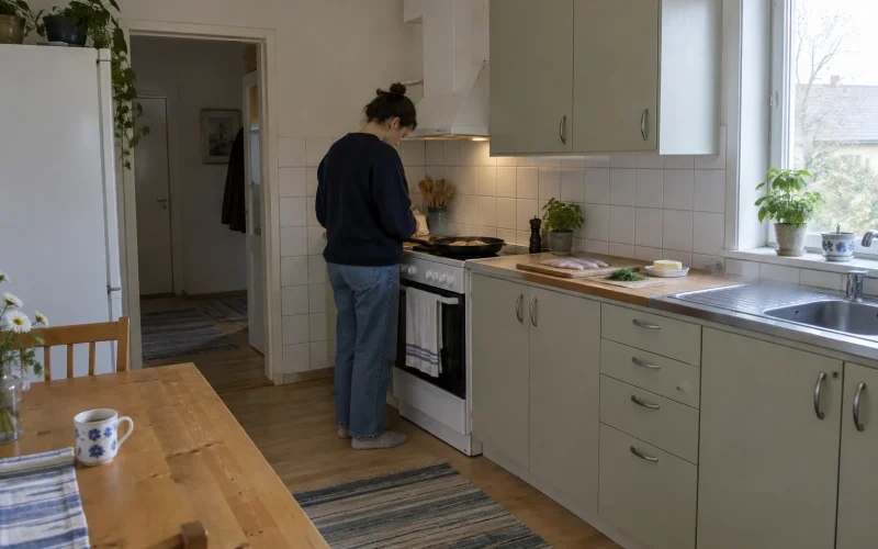 Person steker gösfilé i smör på spisen, ett enkelt gös recept i ett vanligt kök