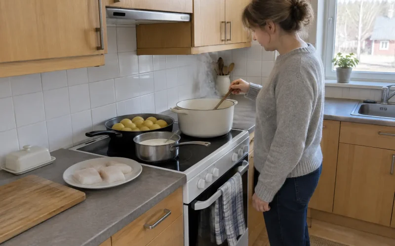 Lutfisk kokas i en stor kastrull på spisen, ett lutfisk recept i ett vanligt hemkök