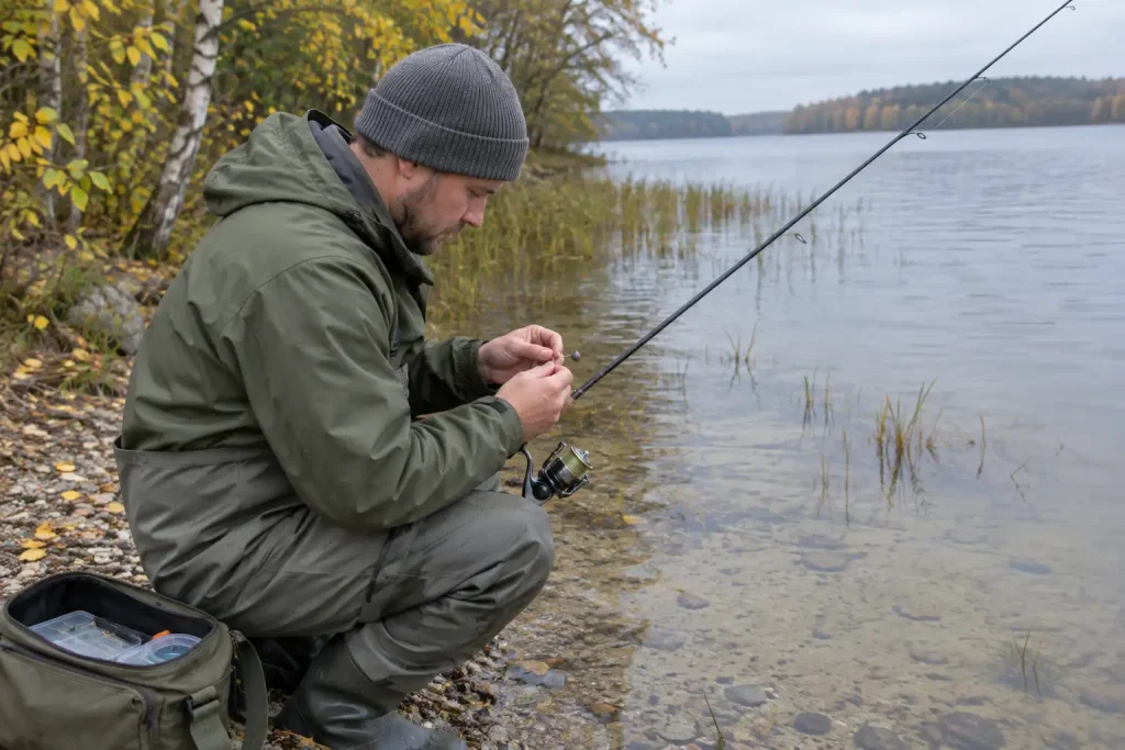 Höstfiske 101: Introduktion till höstfiske, fiskare knyter på en jigg vid en grund sjöstrand