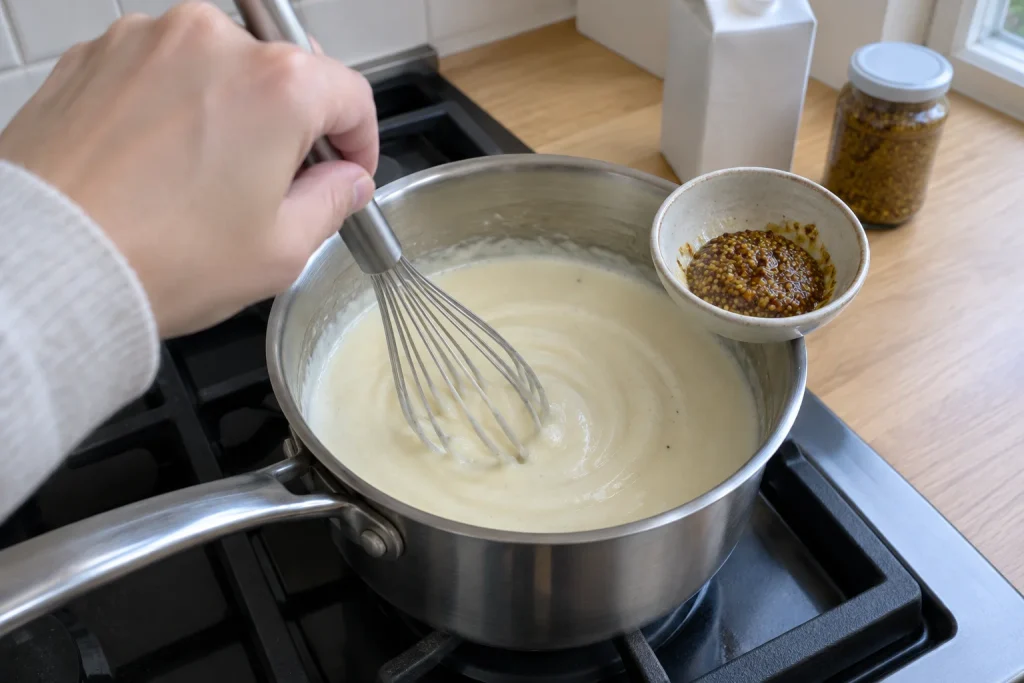Handen vispar en len vit sås i en kastrull, steg i ett lutfisk recept