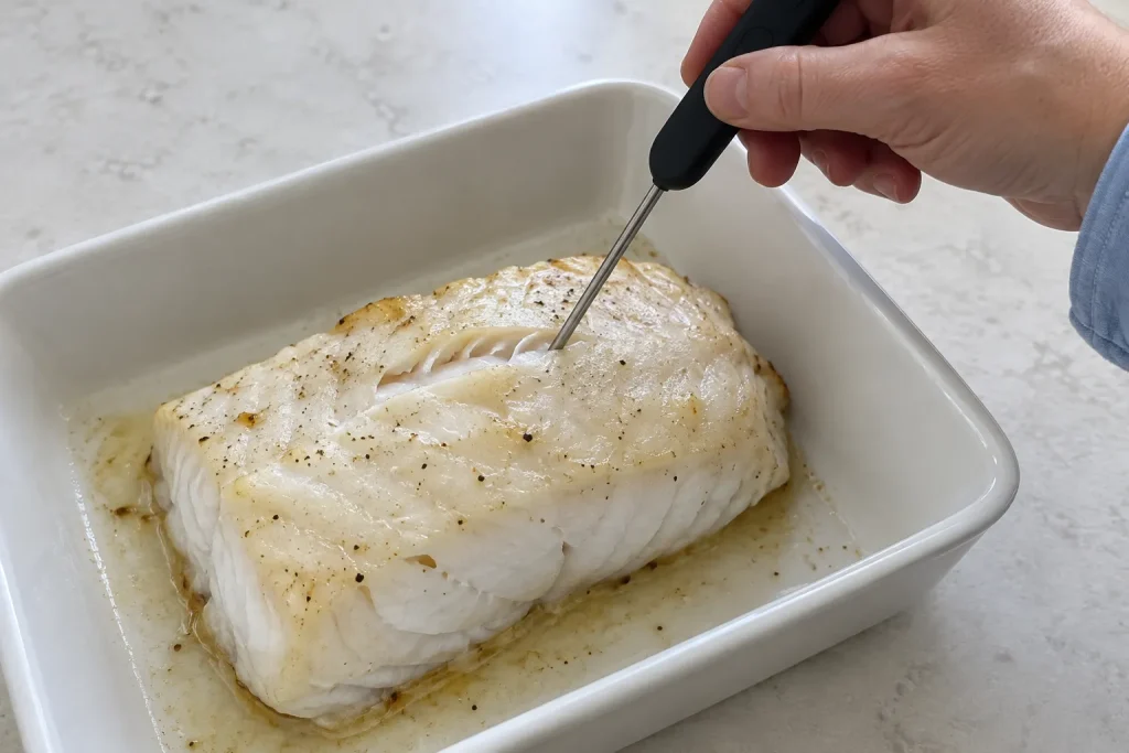 Termometer i en nylagad torskrygg i ugnsform, enkelt recept torskrygg