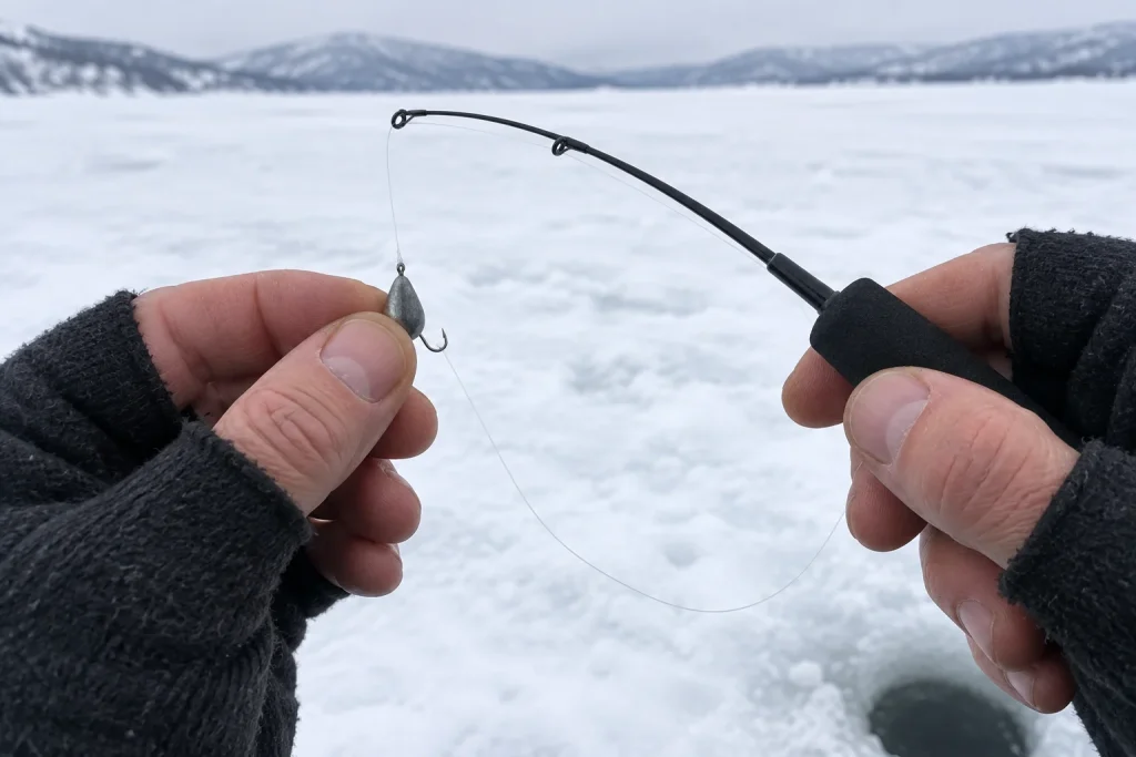 Händer i fingerlösa handskar knyter fast en tung mormyska på ett kort mormyska spö på isen
